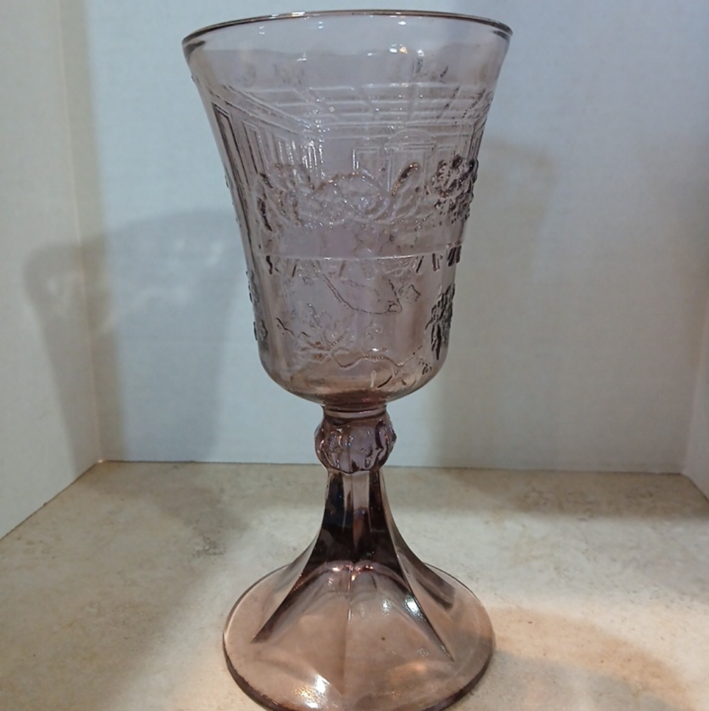 Indiana Glass Purple Goblet. The Last Supper & A Cross Are Embossed On The Glass